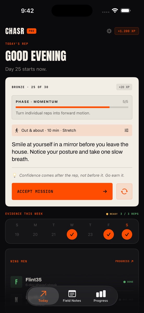 CHASR Today screen showing a daily confidence mission, weekly evidence, and Wing Men