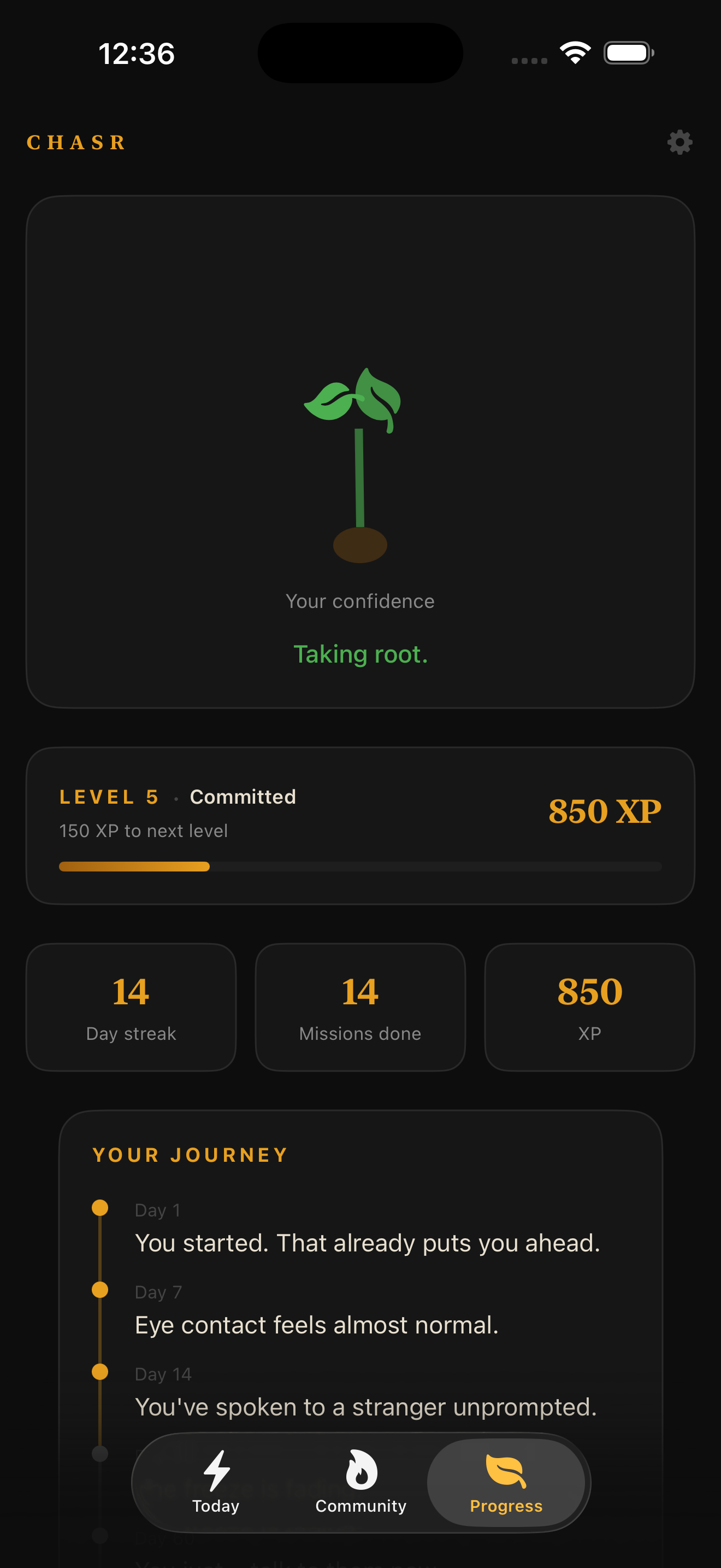 CHASR streak and XP progress screen